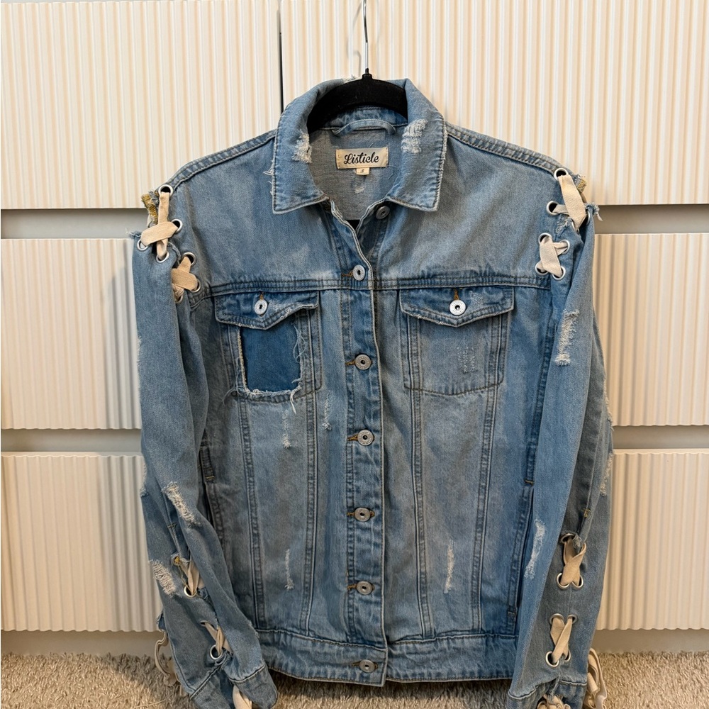 Listicle Denim Jacket with Lace-Up Details